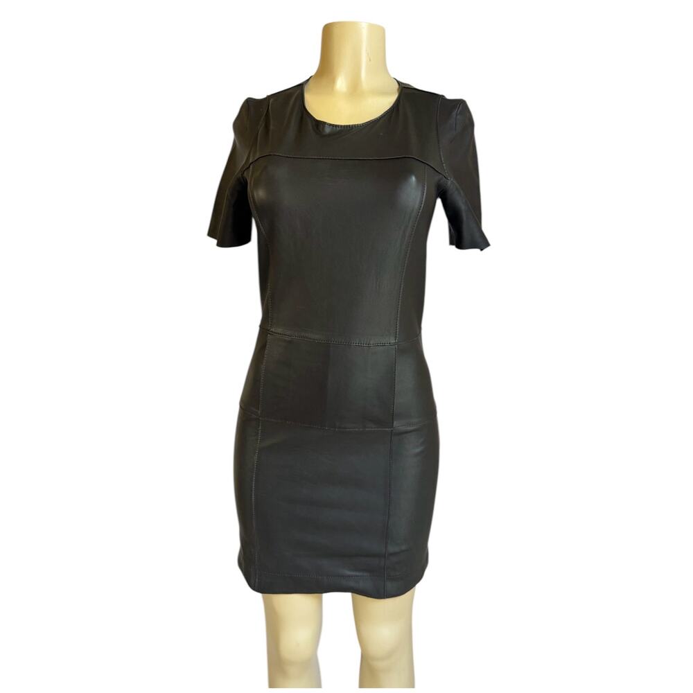 Tony Cohen Black 100% Real Leather Bodycon Mini Dress Women Size 2